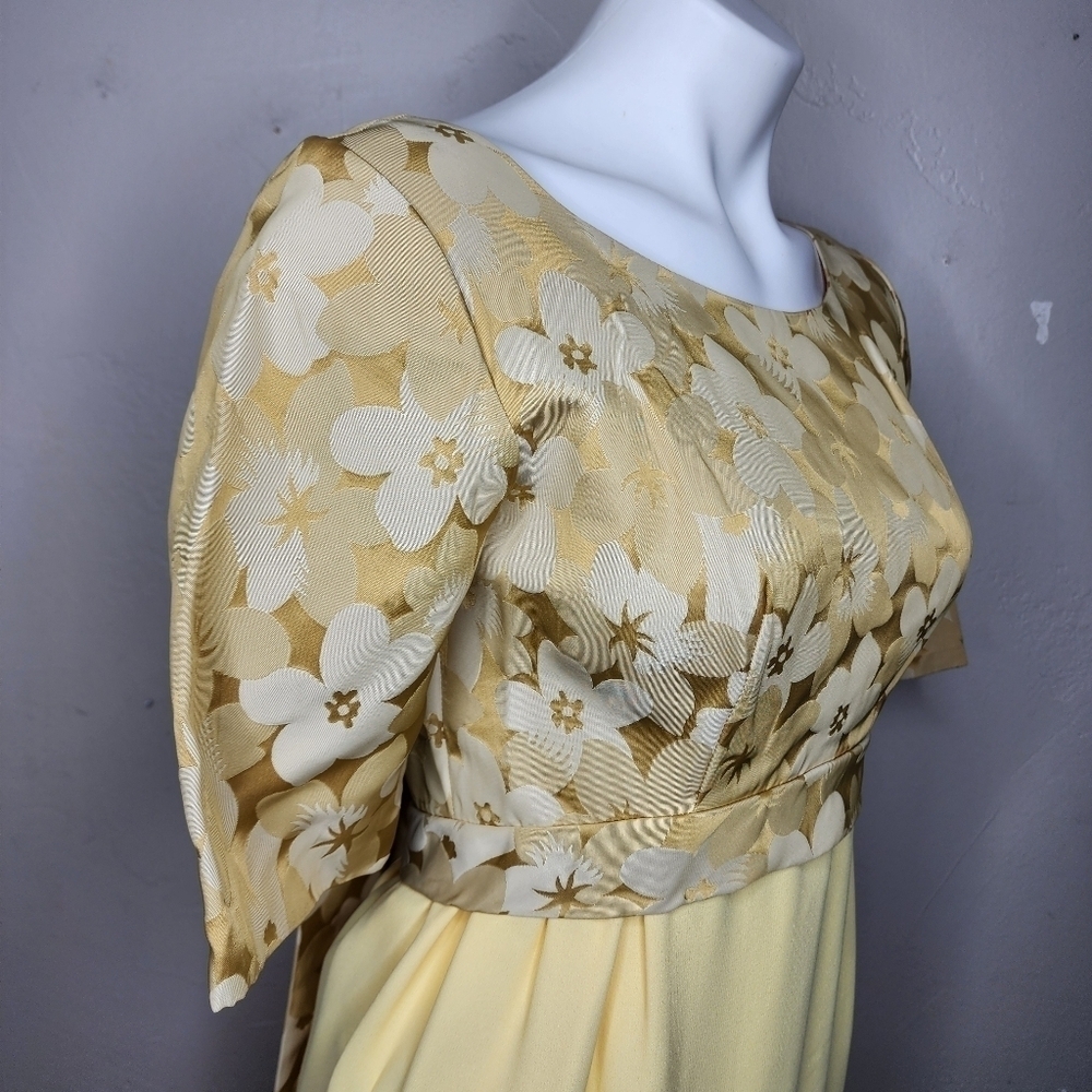 Stunning Vintage Yellow and Gold Brocade and Crepe Maxi Dress With Train - Picture 5 of 17